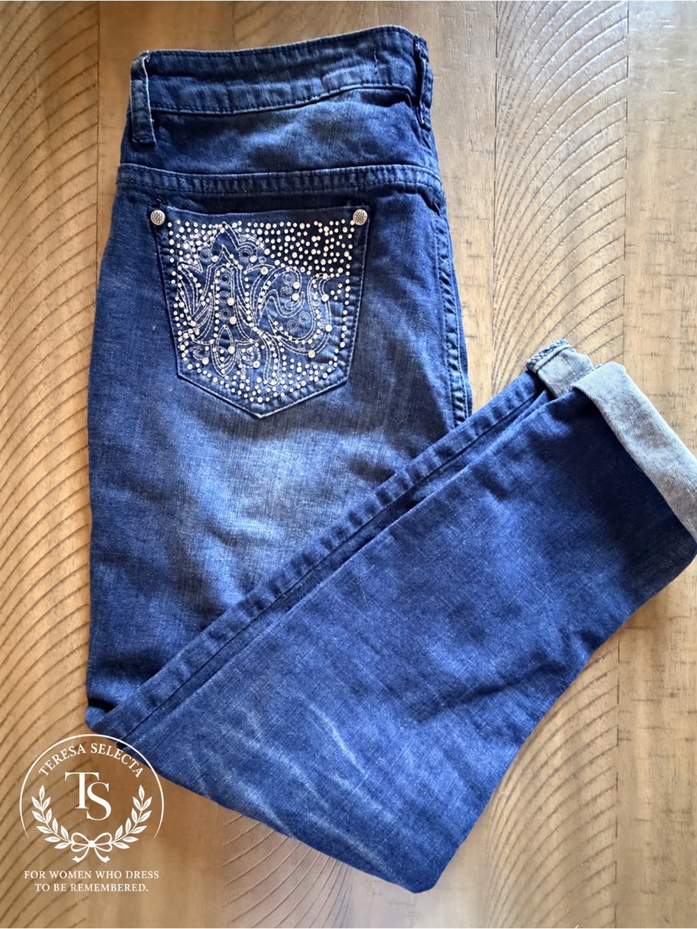 V Cristina Embellished Rhinestone Dark Wash Jeans Size 8 Good Condition